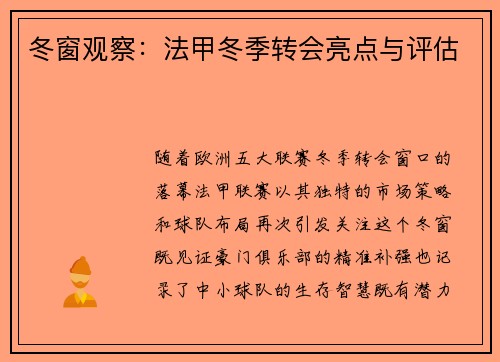 冬窗观察：法甲冬季转会亮点与评估